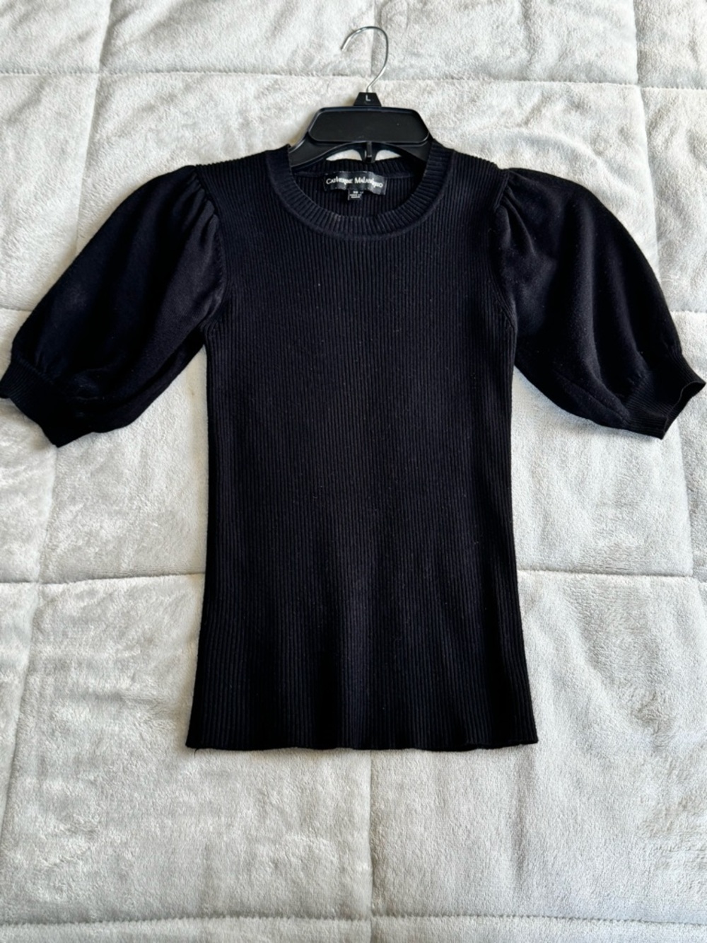 Catherine Malandrino Black Ribbed Puff Sleeve Top